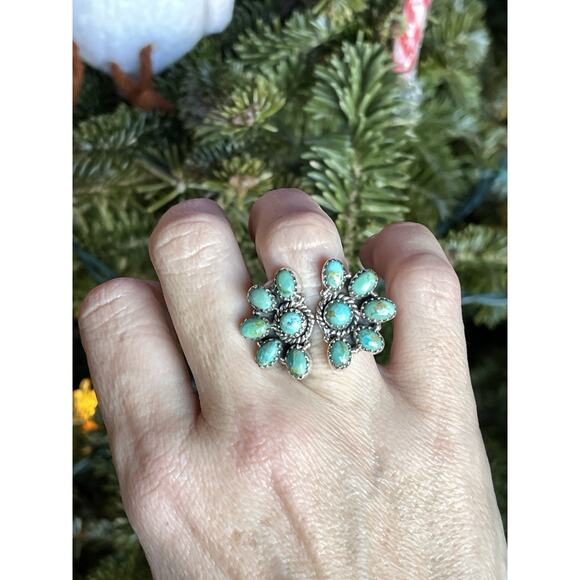 Turquoise Cluster Statement Ring Sterling Silver Southwestern Adjustable 5.5-8 - Picture 8 of 12